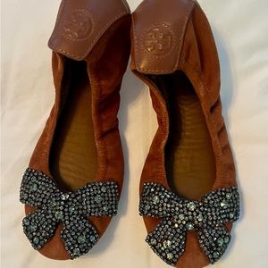 Tory Burch suede & beaded crystal flats/slippers